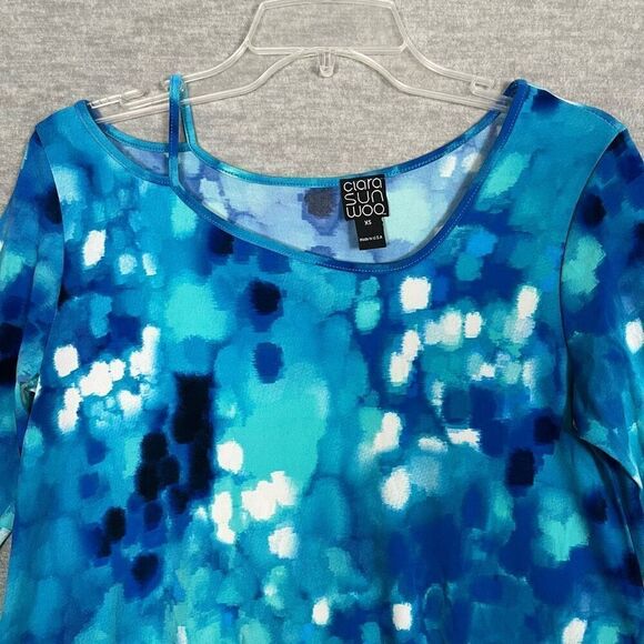 Clara Sun Woo Artsy Swing Tunic Womens XS Shades of Blue Asymmetric Cut Out Top - Picture 3 of 10